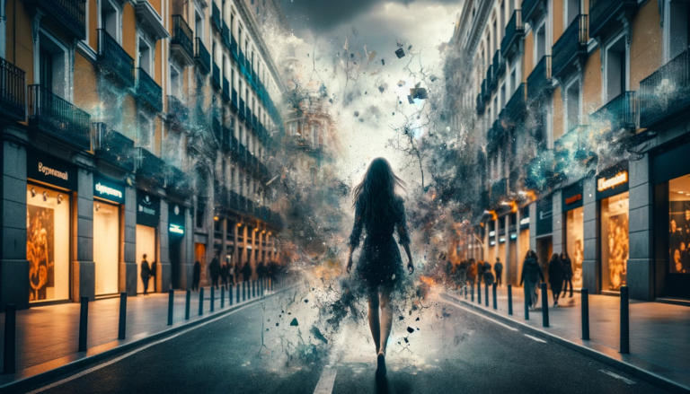 1-DALL·E-2024-01-31-07.14.35-Create-an-image-of-a-woman-walking-through-the-streets-of-Madrid-with-her-surroundings-appearing-to-disintegrate-around-her.-The-image-should-capture-1