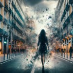 1-DALL·E-2024-01-31-07.14.35-Create-an-image-of-a-woman-walking-through-the-streets-of-Madrid-with-her-surroundings-appearing-to-disintegrate-around-her.-The-image-should-capture