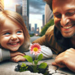 DALL·E-2024-01-20-22.01.28-Image-of-a-young-child-and-an-adult-in-an-urban-park-both-smiling-with-joy-as-they-observe-a-small-flower-growing-through-the-concrete.-Their-express-1