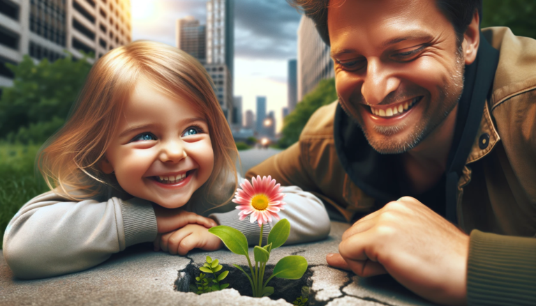 DALL·E-2024-01-20-22.01.28-Image-of-a-young-child-and-an-adult-in-an-urban-park-both-smiling-with-joy-as-they-observe-a-small-flower-growing-through-the-concrete.-Their-express-1